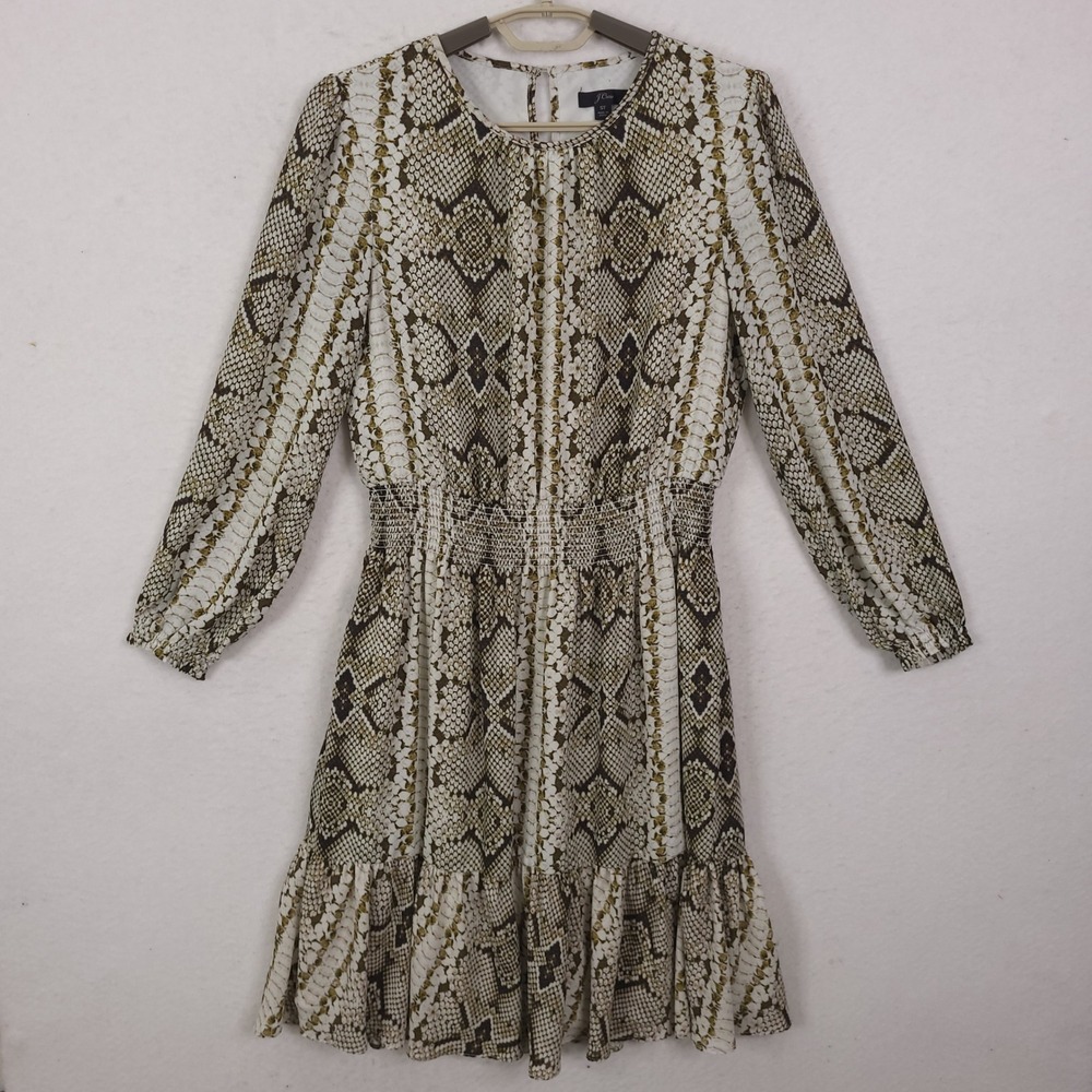 J.Crew Snakeskin Print Mini Dress Womens Small Tall ST Brown Smocked Ruffle Boho